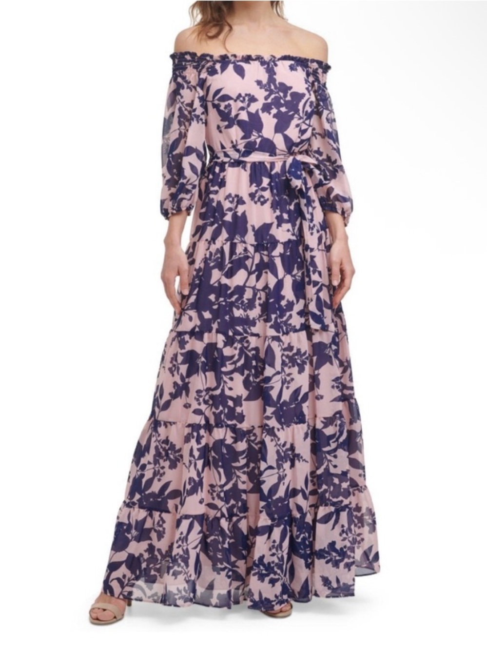 NWT Eliza J Off-the-Shoulder Blush Pink Maxi Dress with Navy Floral Print